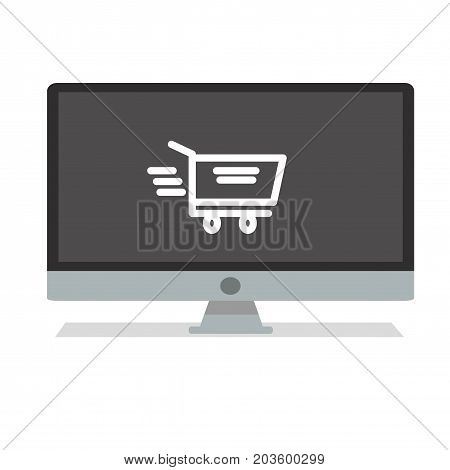 Compuer buying cart icon. Shopping from home.