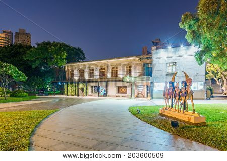 TAIPEI TAIWAN - JULY 11: This is a night view of Huashan 1914 Creative Park which is a park dedicated to art and design with old style architecture on July 11 2017 in Taipei