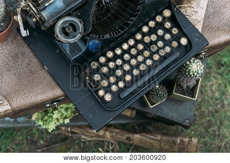 Vintage Typewriter Machine retro style,Top view, selective focus