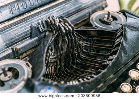 Vintage Typewriter Machine retro style, close up, selective focus