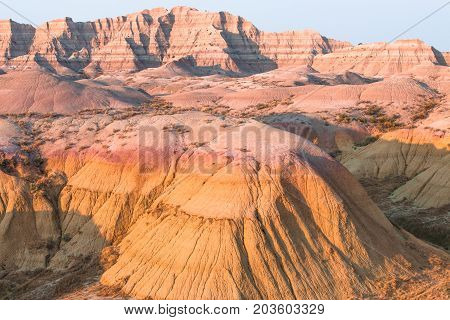 Scenic view at sunset in Badlands National Park.