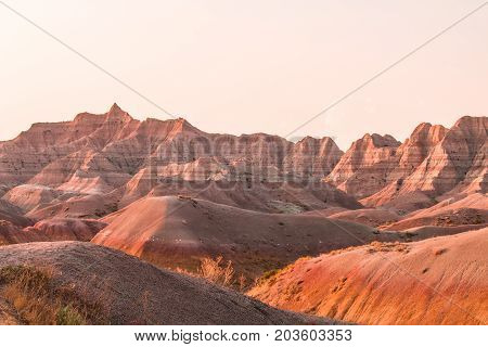 Scenic view at sunset in Badlands National Park.