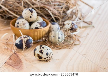 quail eggs in a bowl and laid out around it border on wooden background.