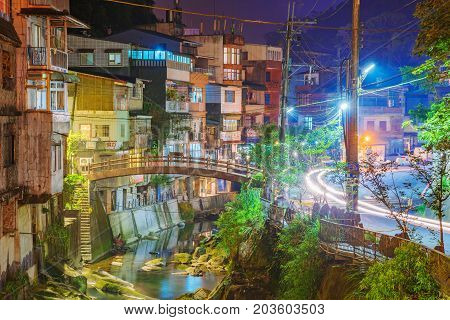 TAIPEI TAIWAN - JUNE 29: This is a night view of Shiding old street which located in the rural Shiding district of Taipei The area features old architecture and nature on June 29 2017 in Taipei