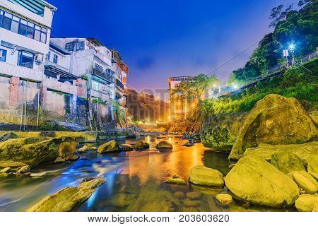 River view of Shiding district and architecture at night