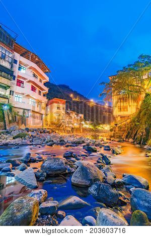 Night view of Shiding buildings and river in Taiwan