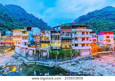 Evening view of Shiding district old riverside architecture in Taiwan