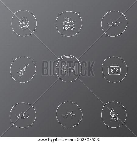 Set Of 9 Editable Camping Doodles. Includes Symbols Such As Caravan, Beach Hat, Beauty Insect And More
