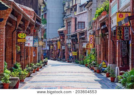 TAIPEI TAIWAN - JUNE 29: This is Shenkeng old street a famous old street which features old Chinese arhcitecture and tradititonal shops and restaurants on June 29 2017 in Taipei