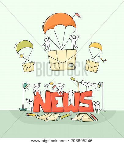 Working little people with word News. Doodle cute miniature scene of workers about communication. Hand drawn cartoon vector illustration for mass media design.