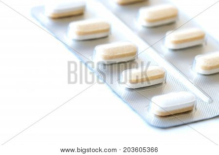 Close up of pills in blister pack.