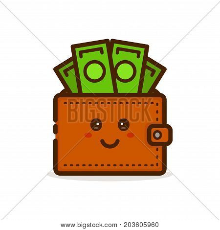 Cute smiling happy money wallet. Vector modern line outline flat style cartoon character illustration icon. Isolated on white background. Wallet with dollar cash concept