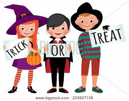 Group of children in Halloween party costumes hold a board with an inscription trick of treat vector cartoon illustration