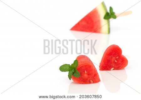 Watermelon Popsicles And Heart Shaped Decorate Mint On White Background.
