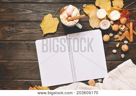 Autumn frame made of dried fall leaves, mug of cocoa with marshmellows, nuts, cinnamon, plaid, apples and open copybook Top view on brown wood background. flat lay, copy space