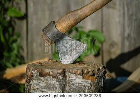 Ax thrust into the log. Outdoors photo.