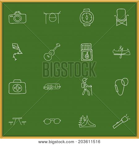 Set Of 16 Editable Travel Doodles. Includes Symbols Such As Campfire Cooking, Eyeglasses, Flammable Stick And More