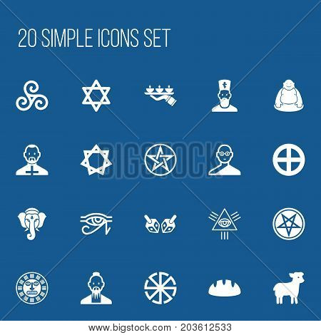 Set Of 20 Editable Religion Icons. Includes Symbols Such As Mandala, Baphomet Symbol, Indian Elephant
