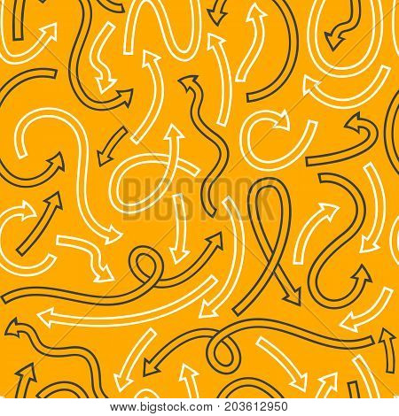 Seamless pattern with different curved arrows. Vector illustration on yellow background.