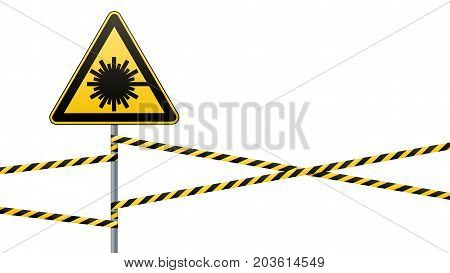 Caution - danger Warning sign safety. Danger laser radiation. yellow triangle with black image. sign on pole and protecting ribbons. Vector illustration