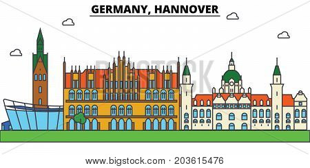 Germany, Hannover. City skyline: architecture, buildings, streets, silhouette, landscape, panorama, landmarks. Editable strokes. Flat design line vector illustration concept. Isolated icons