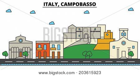 Italy, Campobasso. City skyline: architecture, buildings, streets, silhouette, landscape, panorama, landmarks. Editable strokes. Flat design line vector illustration concept. Isolated icons