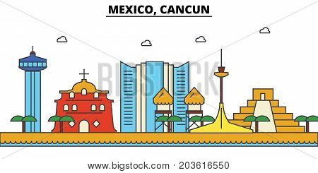 Mexico, Cancun. City skyline: architecture, buildings, streets, silhouette, landscape, panorama, landmarks. Editable strokes. Flat design line vector illustration concept. Isolated icons