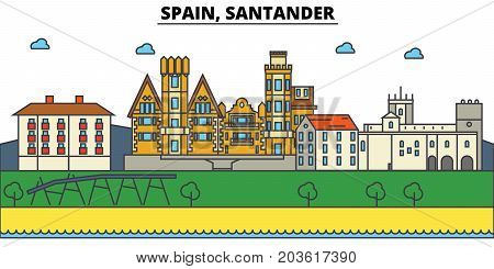 Spain, Santander. City skyline: architecture, buildings, streets, silhouette, landscape, panorama, landmarks. Editable strokes. Flat design line vector illustration concept. Isolated icons