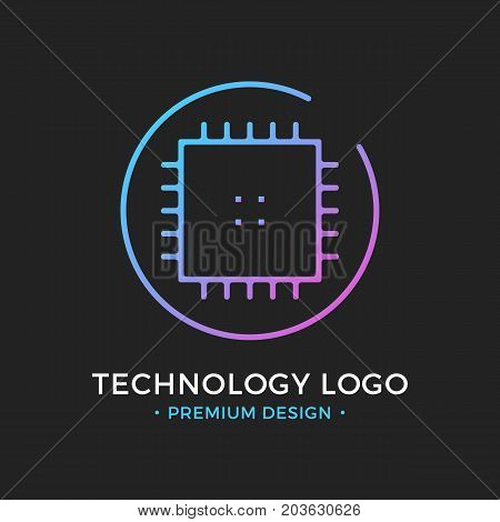 Microchip line icon. CPU, Central processing unit, computer processor, chip symbol in circle. Abstract technology logo. Simple round icon isolated on black background. Creative modern vector logo