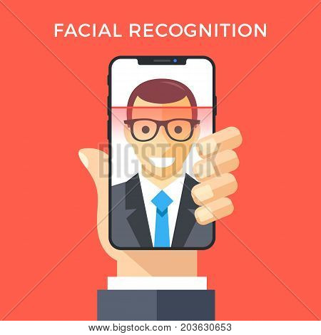 Facial recognition concept. Face ID, face recognition system. Hand holding smartphone with human head and scanning app on screen. Modern application. Flat design graphic elements. Vector illustration