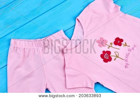 Adorable cotton suit for toddler girl. Organic leggings and t-shirt for little girl. Cartoon printed pink baby t-shirt.