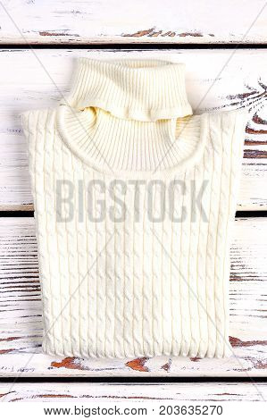 New folded cable turtleneck sweater. White knitted warm sweater on sale. Winter knit outfit.