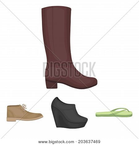 Autumn black shoes on a high platform, flip-flops green for relaxation, sandy men's autumn shoes, high brown boots. Shoes set collection icons in cartoon style vector symbol stock illustration .