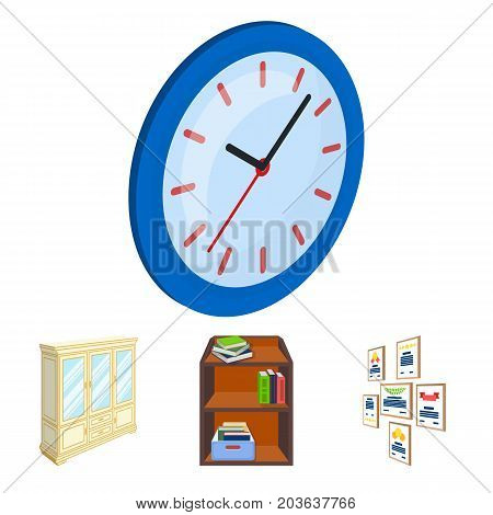 Cabinet, shelving with books and documents, frames on the wall, round clocks. Office interior set collection icons in cartoon style isometric vector symbol stock illustration .
