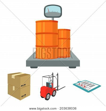 Forklift, delivery slips, packaged goods, cargo on weighing scales. Logistics and delivery set collection icons in cartoon style isometric vector symbol stock illustration .