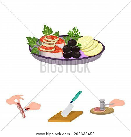 Cutlass on a cutting board, hammer for chops, cooking bacon, eating fish and vegetables. Eating and cooking set collection icons in cartoon style vector symbol stock illustration .