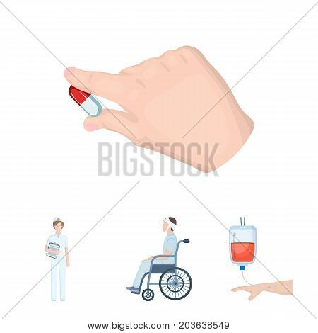 Invalid with trauma, blood transfusion, doctor, medication in the hands of a doctor. Medicineset collection icons in cartoon style vector symbol stock illustration .