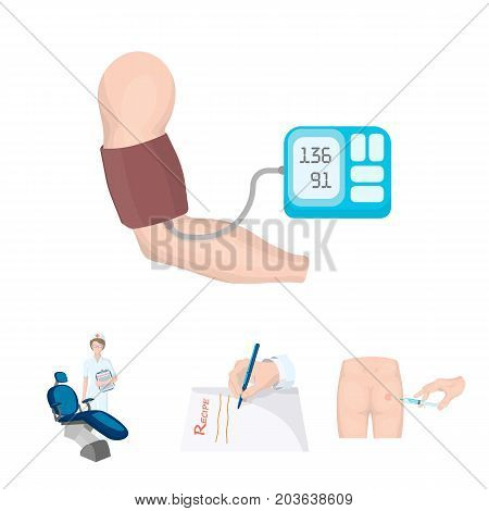 Intramuscular injection, prescription, Dentist, blood pressure measurement. Medicineset collection icons in cartoon style vector symbol stock illustration .