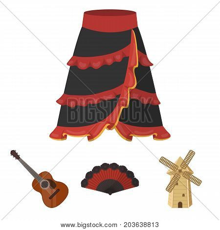 Fan Spanish, mill, guitar, skirt for national Spanish dances. Spain country set collection icons in cartoon style vector symbol stock illustration .
