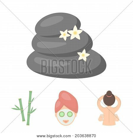 Face with a cosmetic mask with cucumbers, massage hands, bamboo, stones with lotus flowers. Spa set collection icons in cartoon style vector symbol stock illustration .