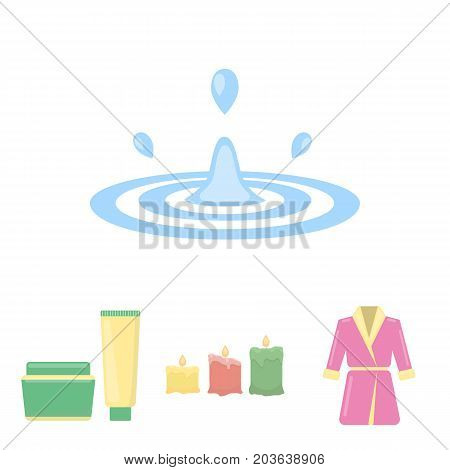 Multicolored burning candles, a pink robe with a yellow belt and a collar, a tube with cream and a jar with an ointment, a drop of water.Spa set collection icons in cartoon style vector symbol stock illustration .
