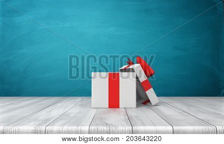 3d rendering of a open white gift box with a red bow standing on a wooden desk in front of a blue background. Gifts and surprises. Special bonus. One time offer.