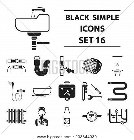 Plumbing set icons in black style. Big collection plumbing vector symbol stock
