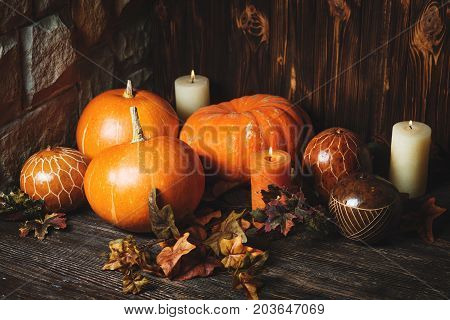 Autumn Pumpkin Thanksgiving Background - orange pumpkins over wooden table