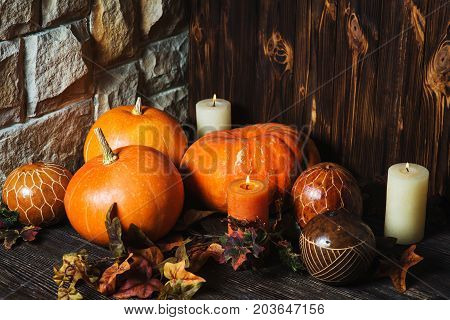 Autumn Pumpkin Thanksgiving Background - orange pumpkins over wooden table