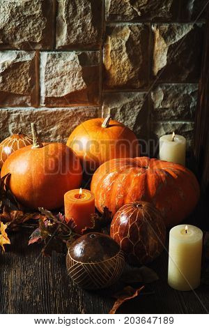 Autumn Pumpkin Thanksgiving Background - orange pumpkins over wooden table