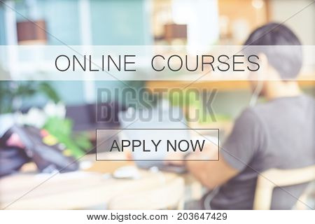 Online courses banner over blur stdying people background web banner Education E learning technology concept