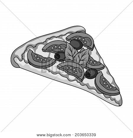 A slice of pizza with different ingredients. Different pizza single icon in monochrome style vector symbol stock illustration .