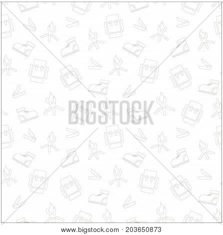 Seamless monochrome background with trekking boot, hearth, knife, backpack for extreme tourism stock vector illustration