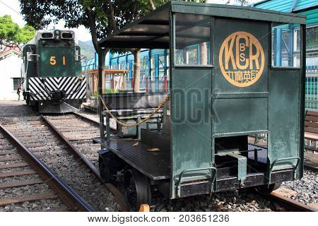 HONG KONG -JULY 16, 2014: Retired historical green trains at Tai Po on July 16, 2014 in Hong Kong. This historical diesel locomotives are parked at the only railway museum in Hong Kong.